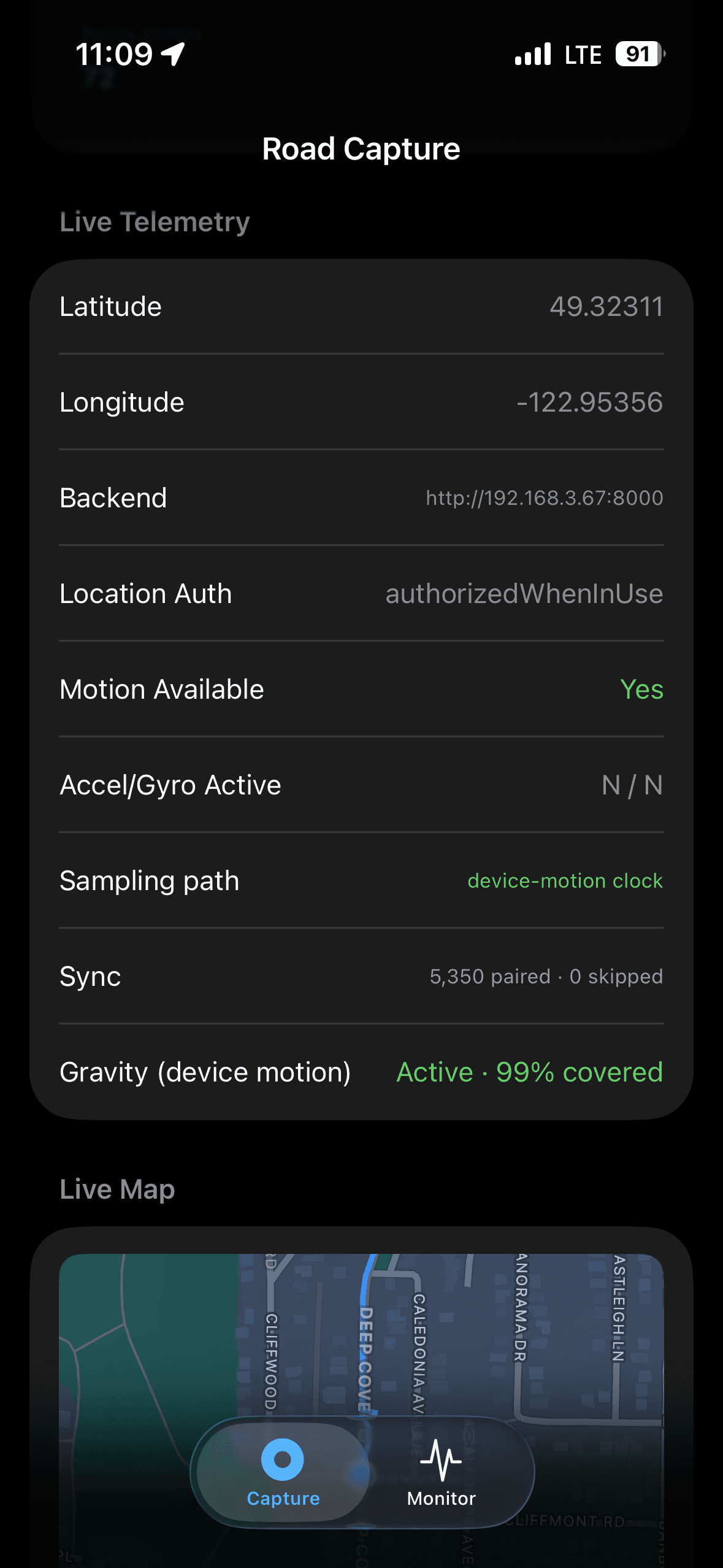 Road condition monitoring capture workflow screenshot