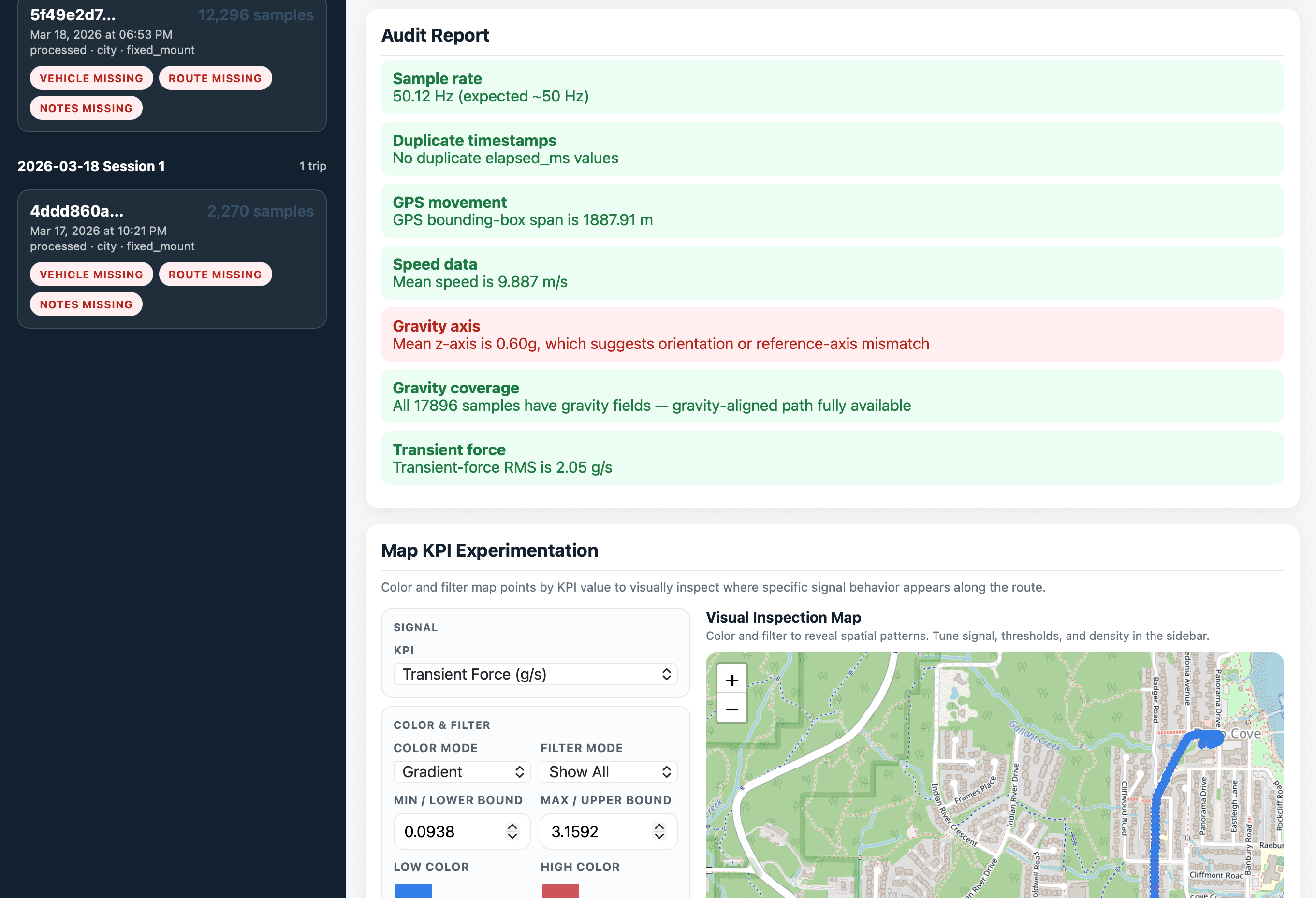 Road condition monitoring audit report and map investigation dashboard