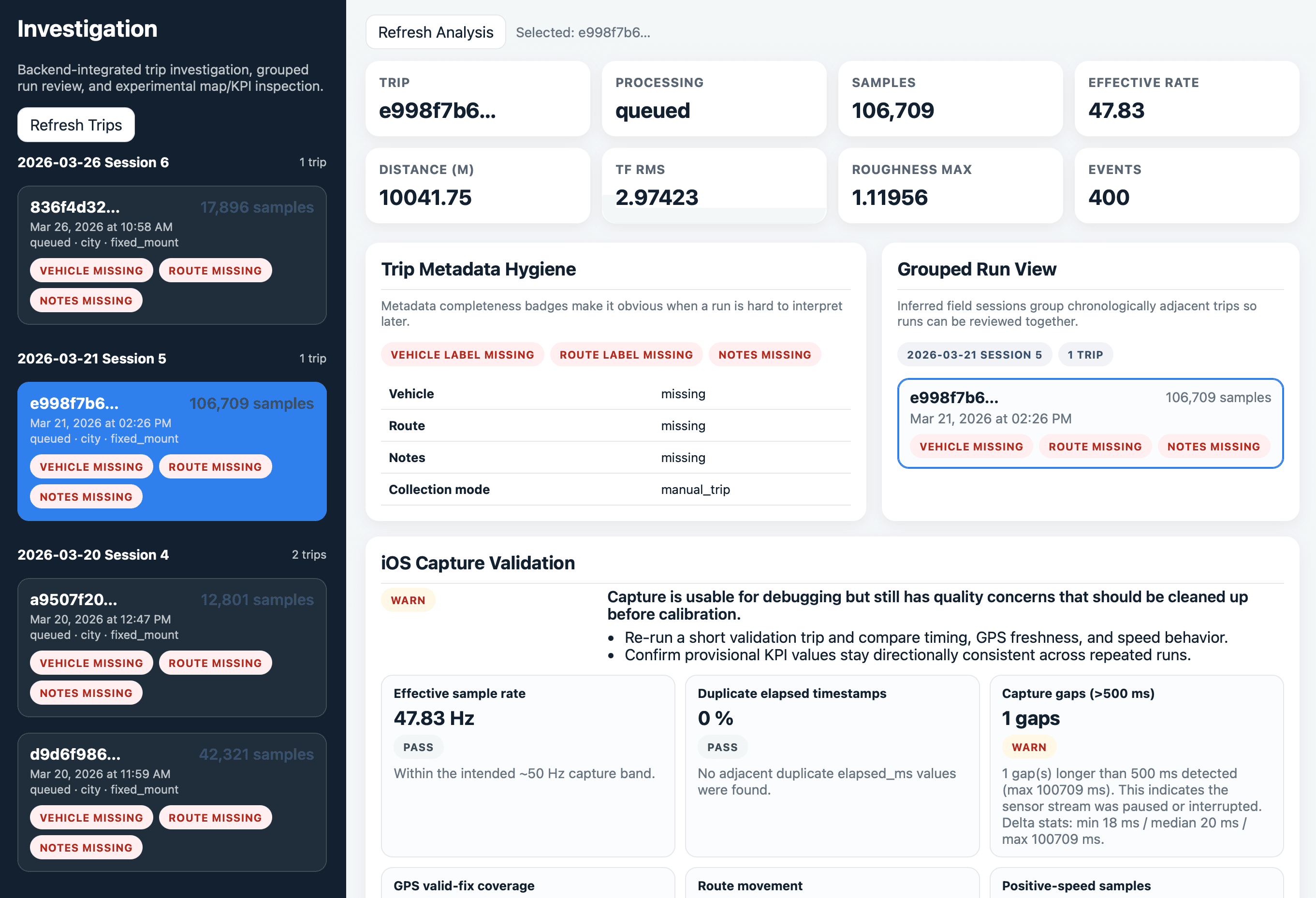Road condition monitoring run review and map analysis dashboard