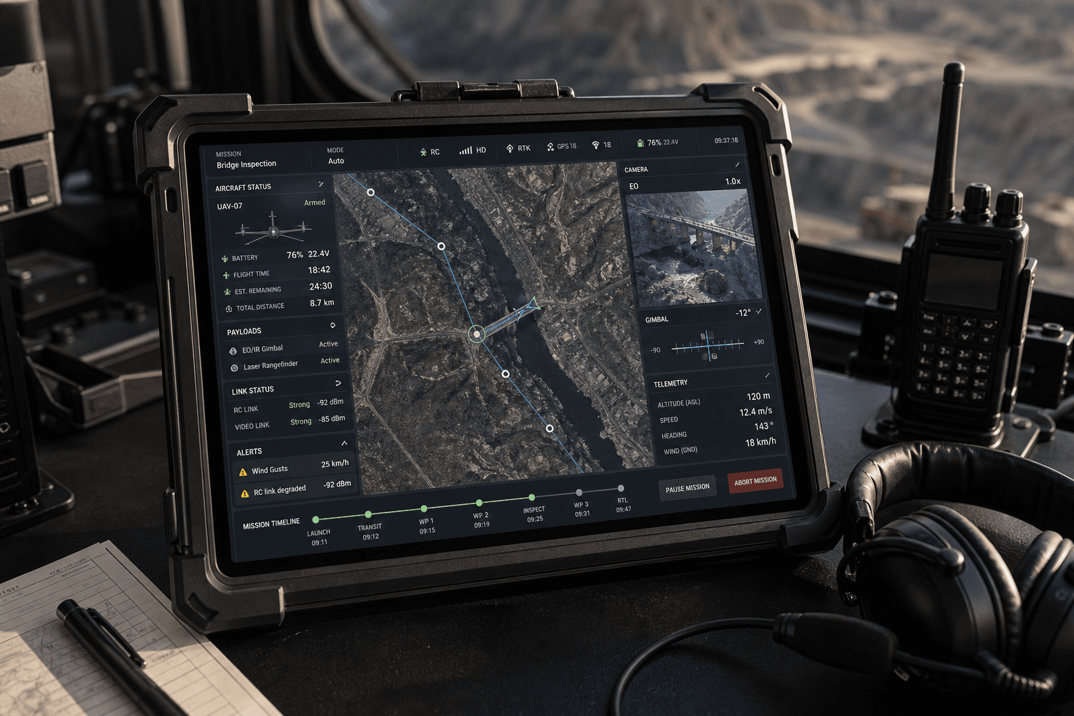 Rugged operator station showing a UAV mission workflow