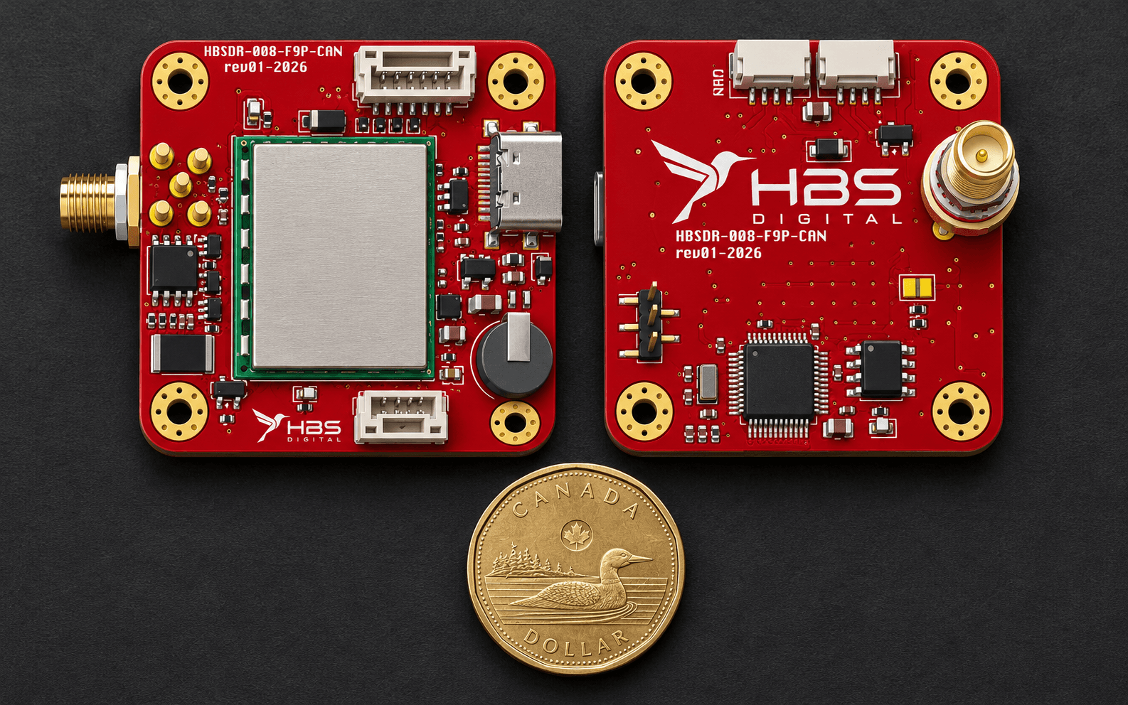 Front and back views of the HBS F9P RTK GPS DroneCAN board beside a Canadian one-dollar coin for scale