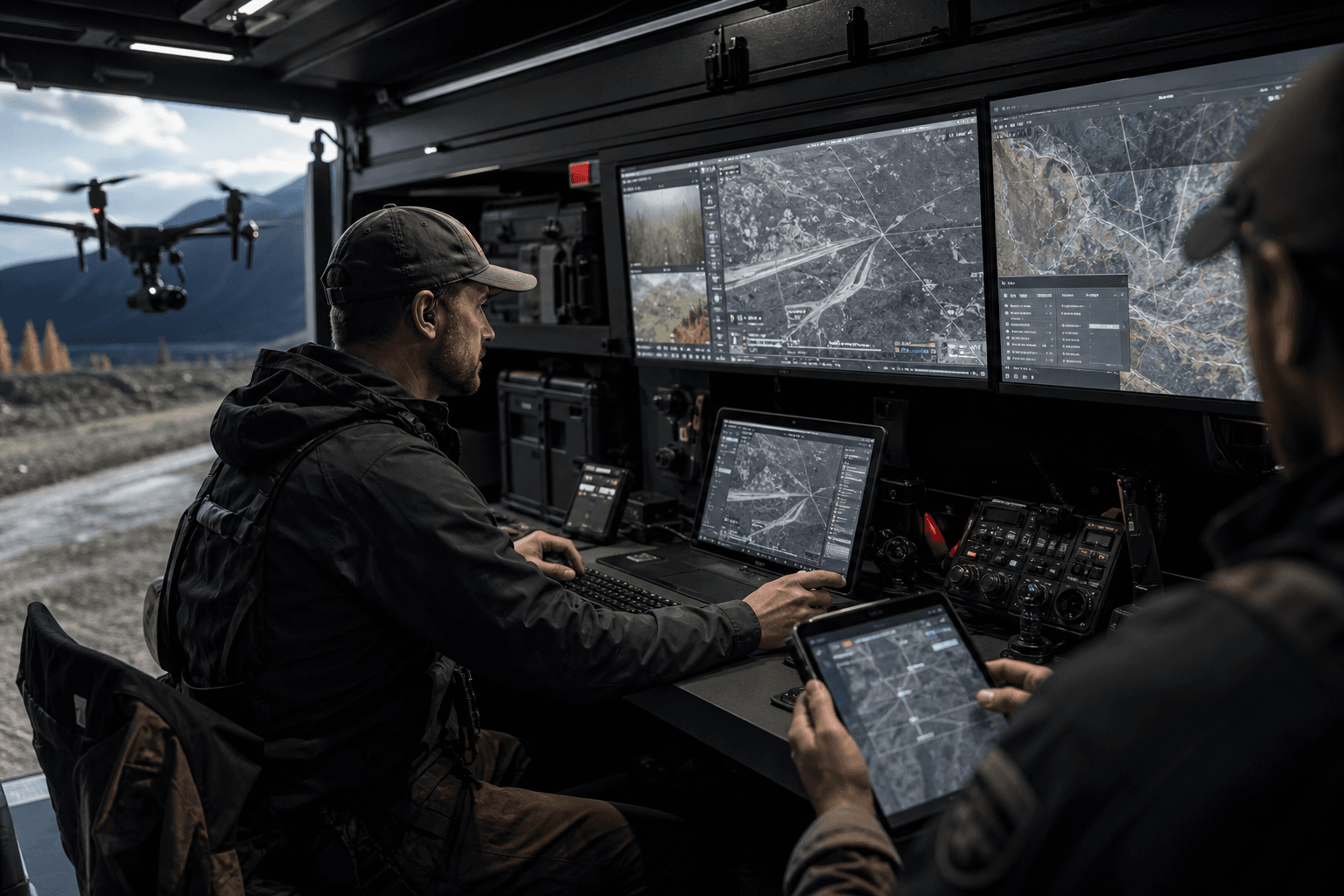 Two operators at a mobile ground control station reviewing live mission maps