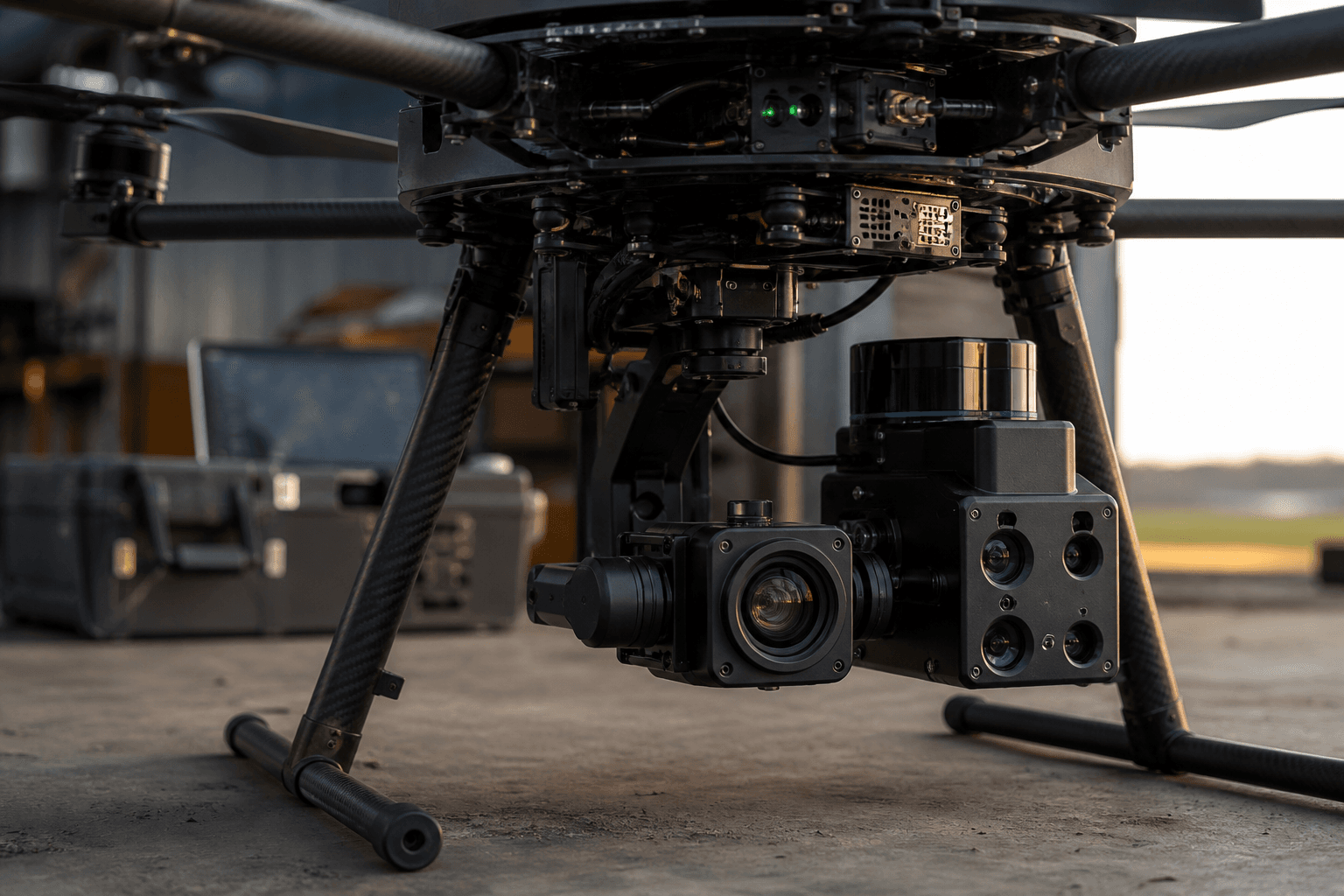 Mission drone underside showing multi-sensor payload with optical and LiDAR apertures
